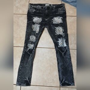 Fwrd Denim Streetwear Black Jeans With Cut Out Paisley Print Distressed Size 38